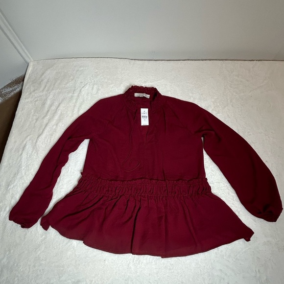 LOFT Burgundy Ruffle Trim Long Sleeve Slit Neck With Tie Blouse. Size XS - Picture 3 of 8
